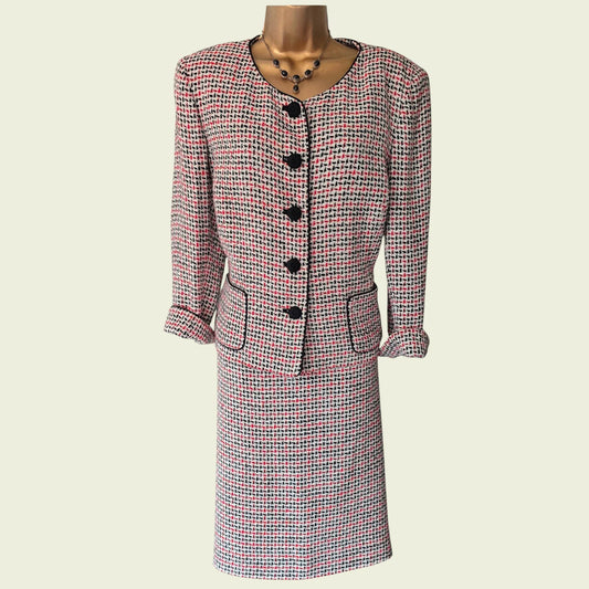 Caroline Charles Vintage Black & Red Houndstooth Suit UK 16/18 US 12/14 EU 44/46 - Timelessfashions
