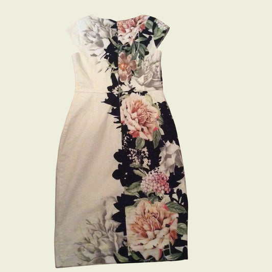 Floral dress with a strapless design on a light background