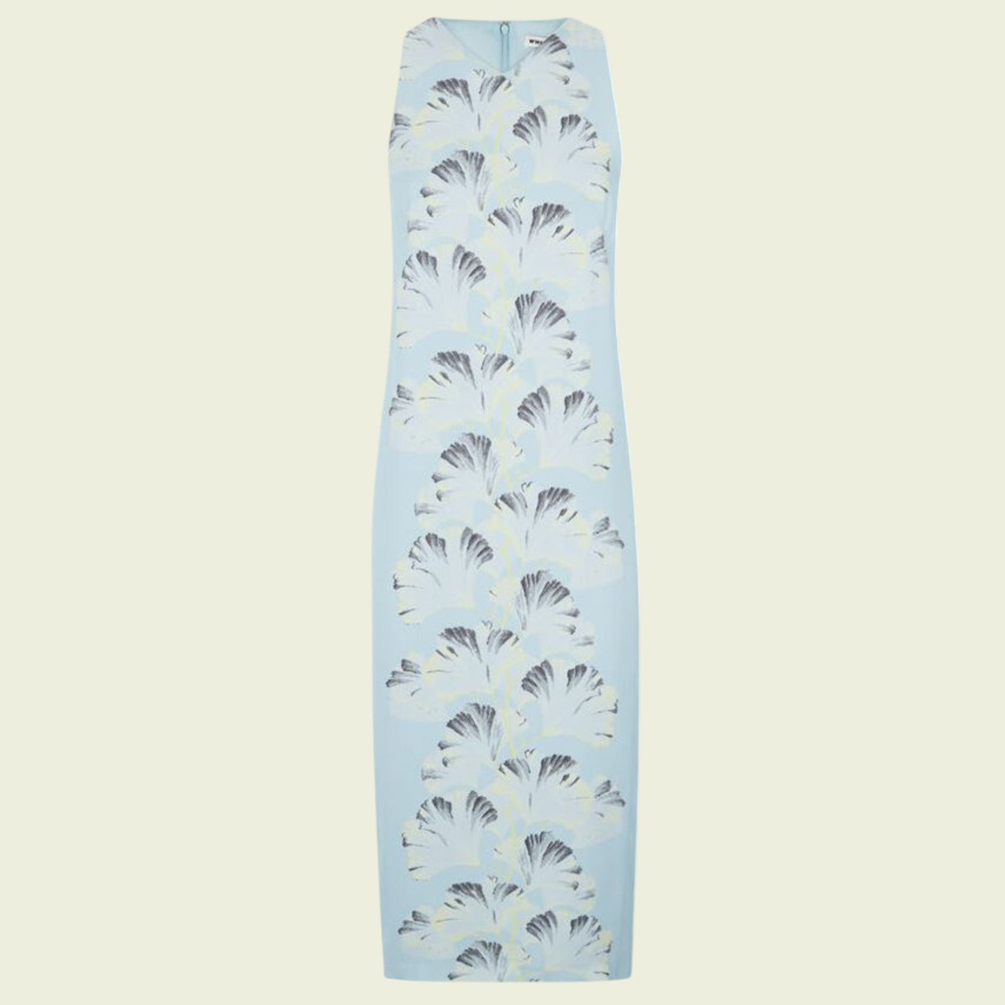 Light blue dress with black and white pattern on a beige background
