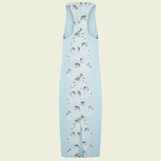Light blue dress with floral pattern on a beige background
