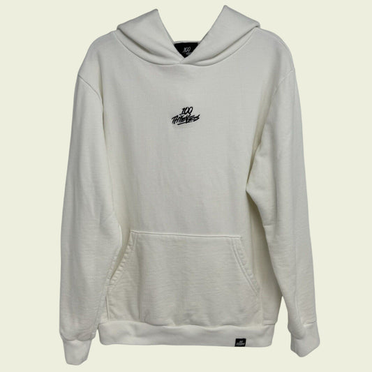 White hoodie with a logo on the chest against a beige background