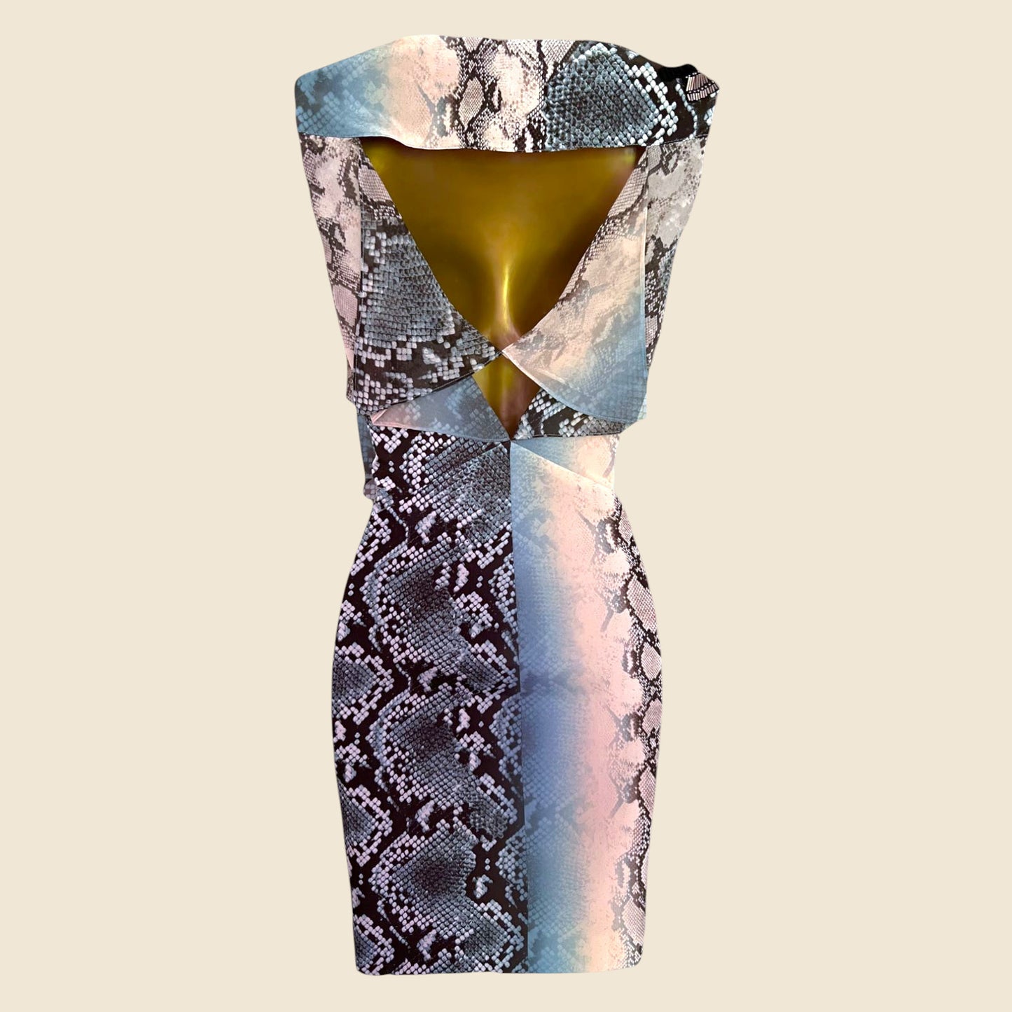Dress with snake print and cut-out design on a beige background