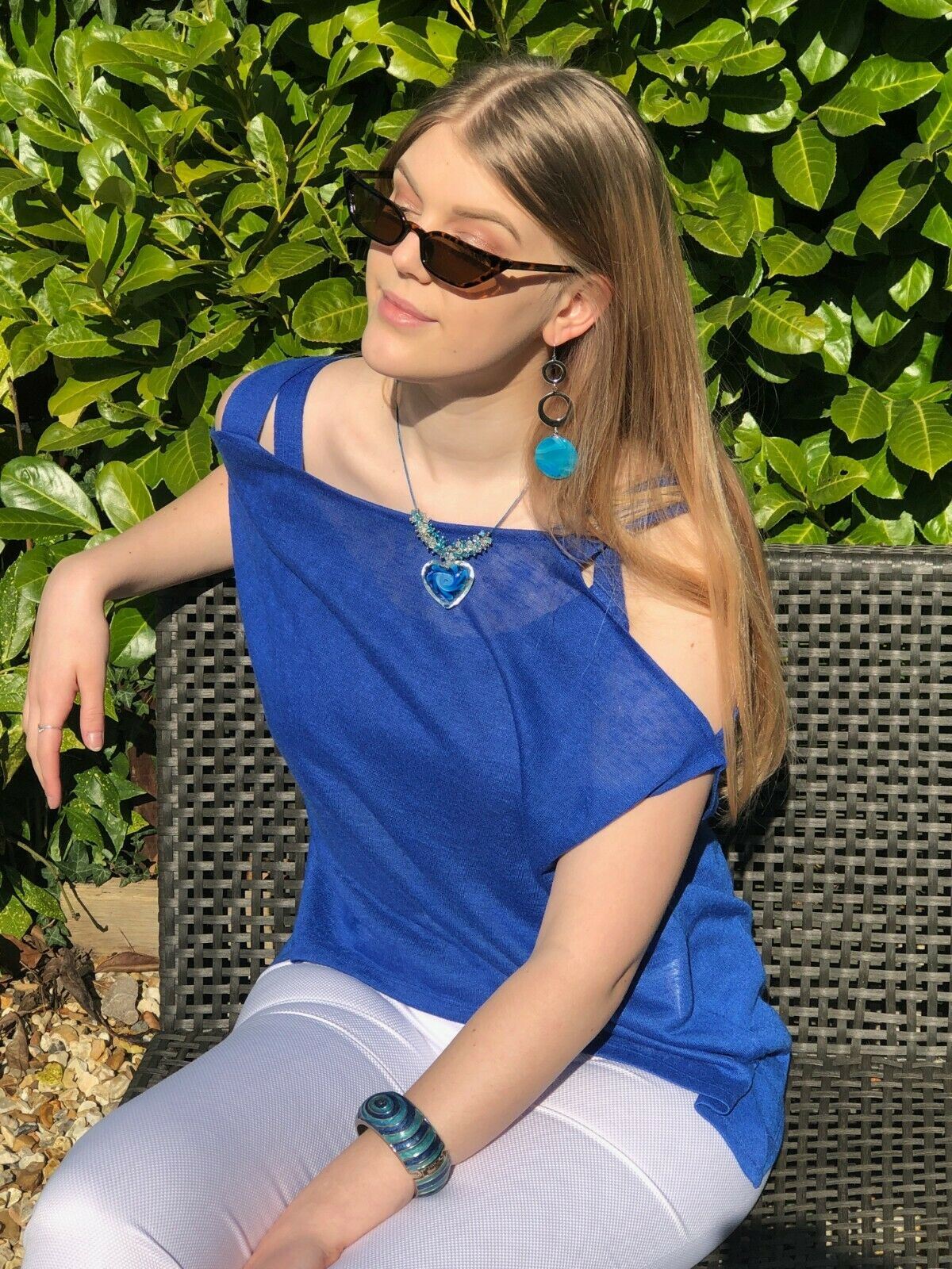 Marble Blue Cold Shoulder Fine Knit Double Layer Top UK 16 US 12 EU 44 Timeless Fashions