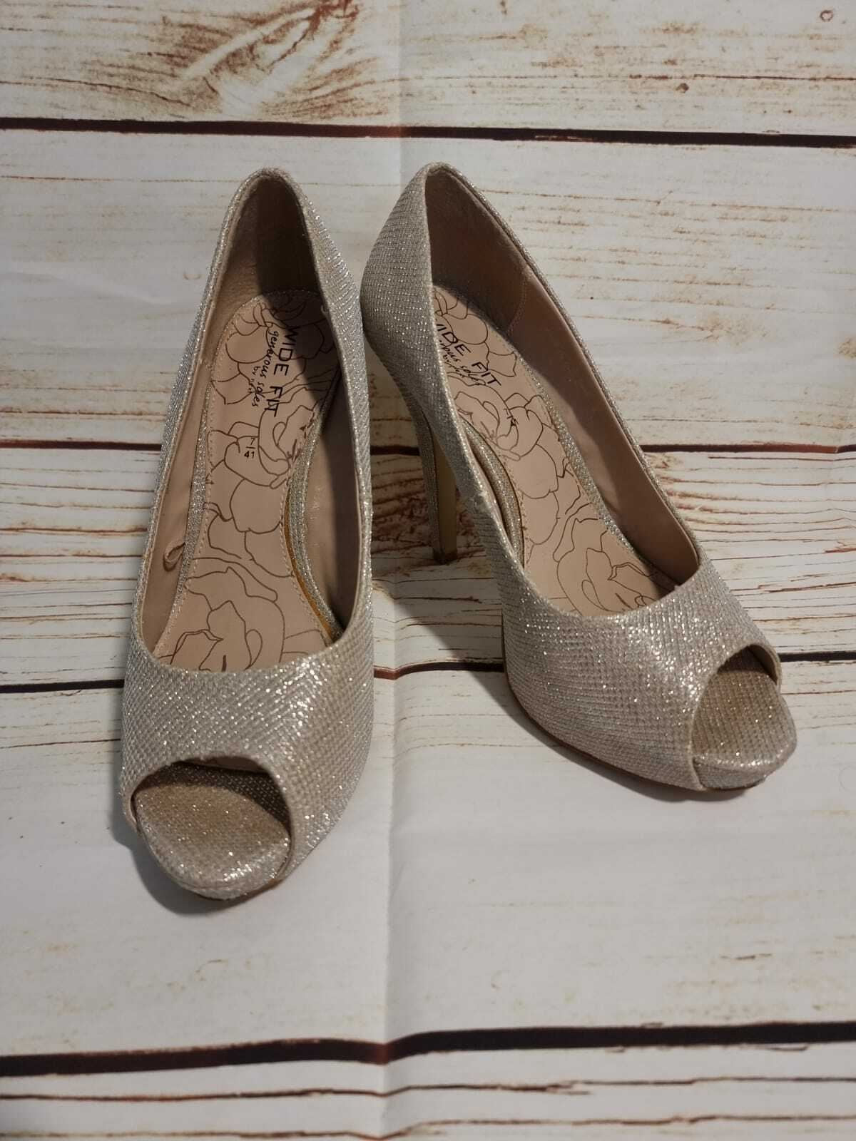 Next Pale Gold Glitter Wide Fit, Peep Toe, Platform Court Shoes Heels UK 7 EU 41 Timeless Fashions