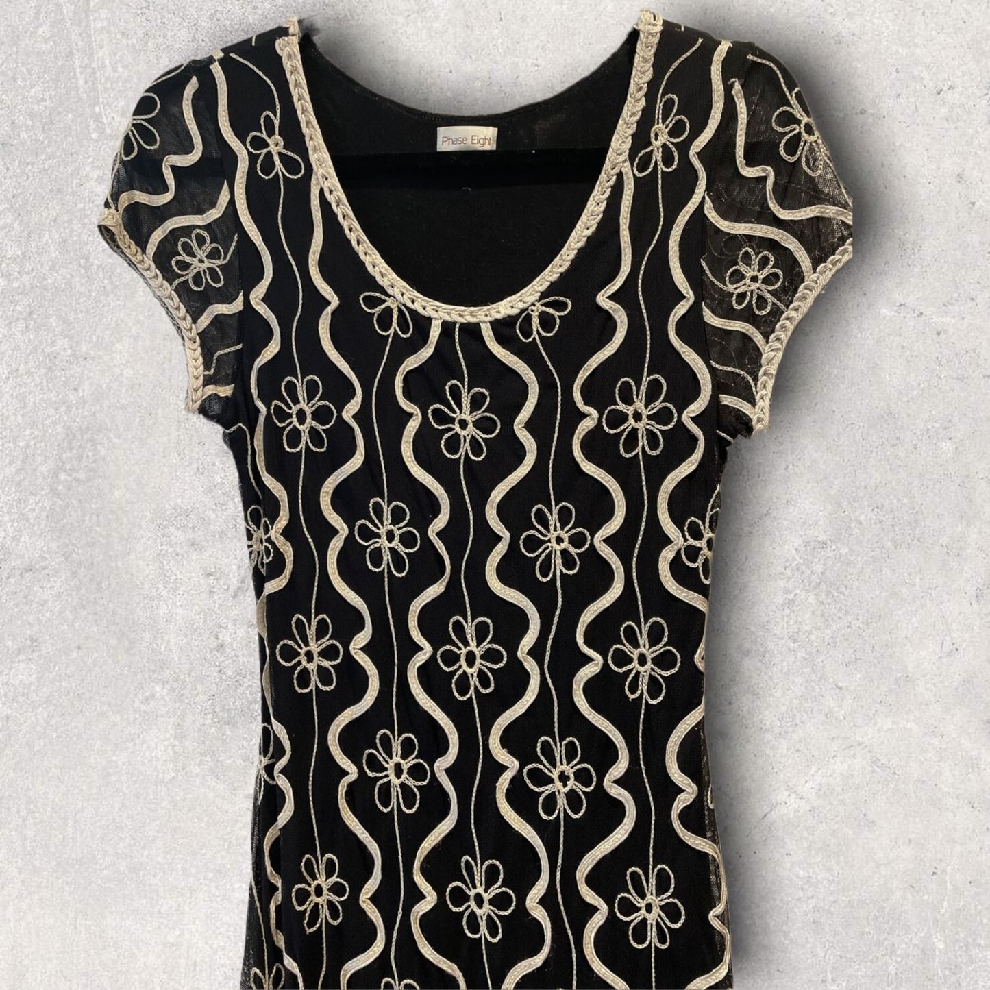 Phase Eight Black & Cream Tapework Cap Sleeve Midi Dress UK 12 US 8 EU 40 Timeless Fashions