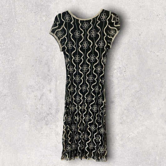 Phase Eight Black & Cream Tapework Cap Sleeve Midi Dress UK 12 US 8 EU 40 Timeless Fashions