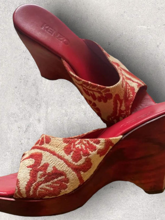 Kenzo Red & Cream Tapestry Wedge Sandals, Mules EU 38 US 7 UK 5 Timeless Fashions