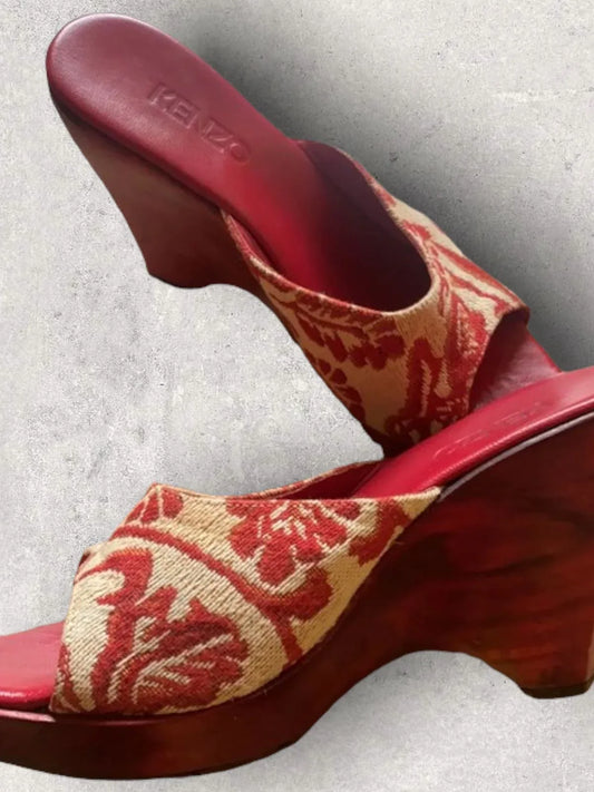 Kenzo Red & Cream Tapestry Wedge Sandals, Mules EU 38 US 7 UK 5 - Timelessfashions
