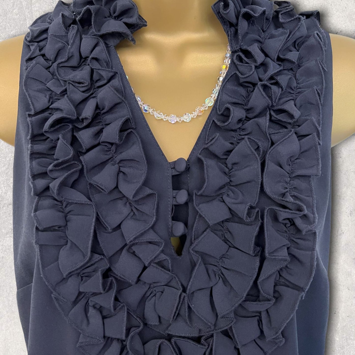 John Rocha Navy Ruffle Neck Sleeveless Shift Dress Petite UK 12 US 8 EU 40 Timeless Fashions