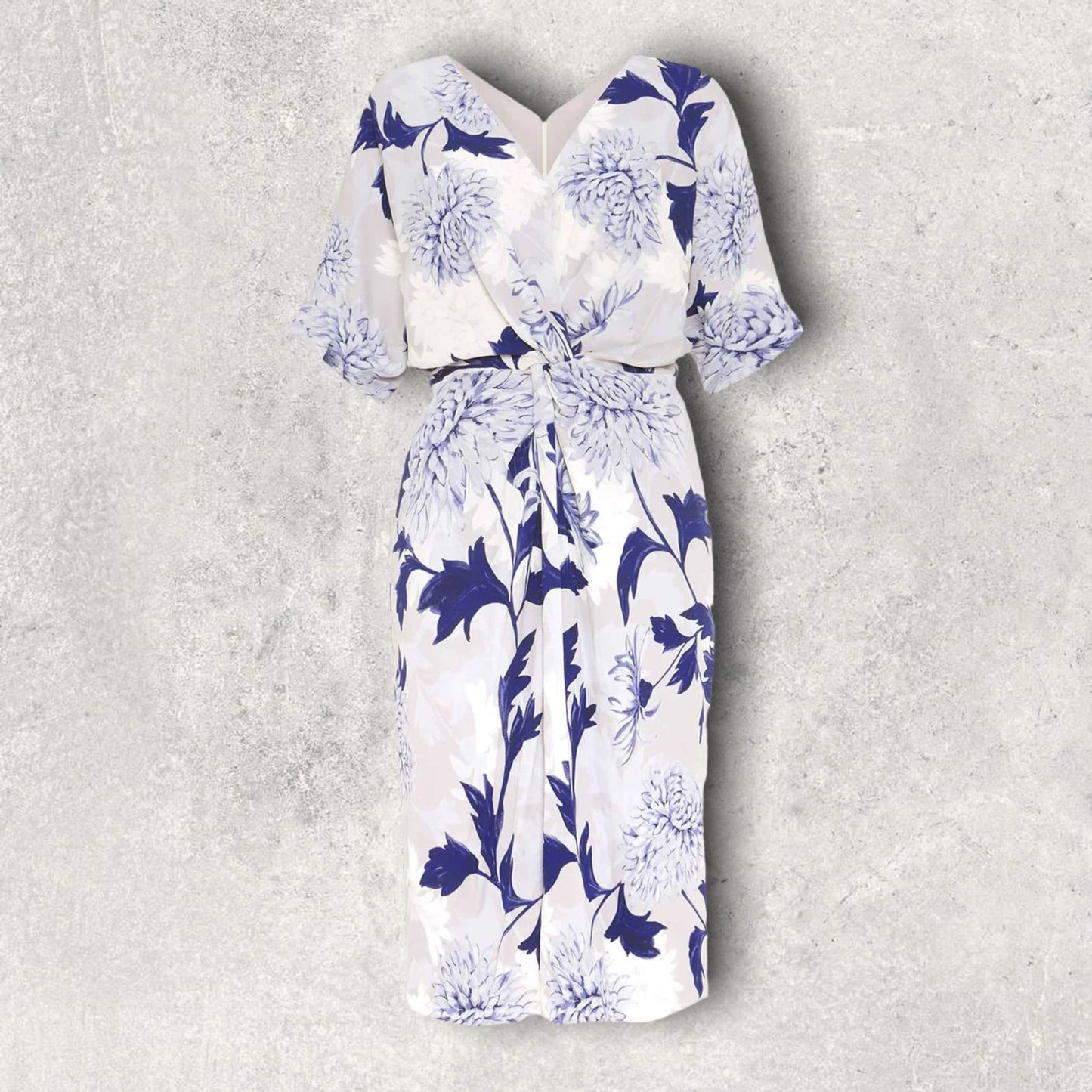Phase Eight April Floral Front Twist Half Sleeve Navy & Grey Dress UK 14 US 10 EU 42 Timeless Fashions