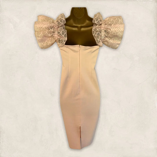 Coast Blush Peach Off The Shoulder Sleeve Bodycon Stretch Dress UK 14 US 10 EU 42 - Timelessfashions