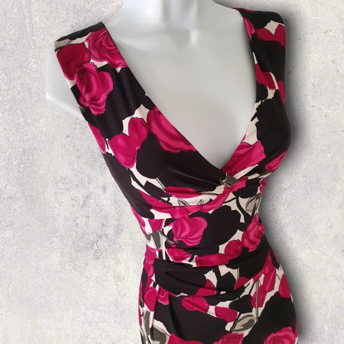 Phase Eight Black & Pink Floral Rose Draped Gathered Bodycon Dress UK 8 US 4 EU 36 - Timelessfashions