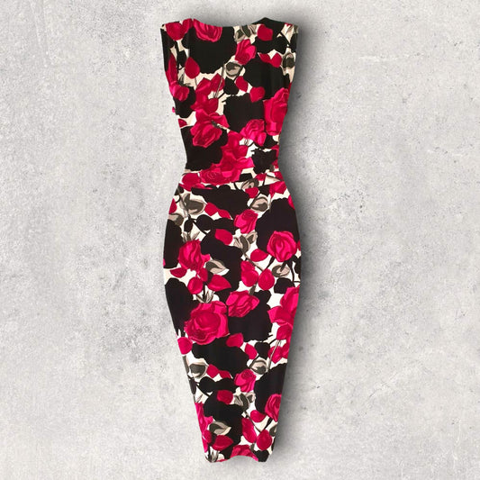 Phase Eight Black & Pink Floral Rose Draped Gathered Bodycon Dress UK 8 US 4 EU 36 Timeless Fashions