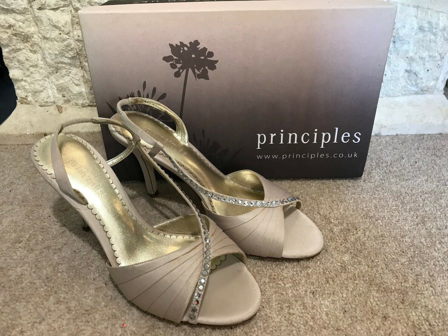 Principles Ladies Beige Silk Slingback Diamante Court Shoes UK 7 US 9 EU 40 Timeless Fashions