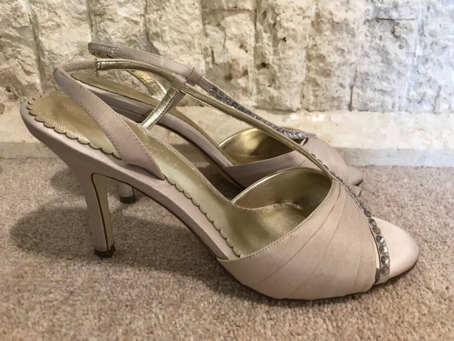 Principles Ladies Beige Silk Slingback Diamante Court Shoes UK 7 US 9 EU 40 Timeless Fashions