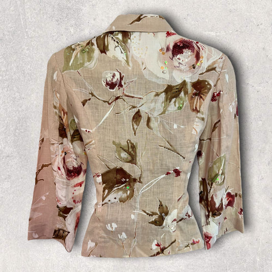 Renato Nucci Floral Cream Linen Beaded Summer Jacket UK 8 US 4 EU 36 Timeless Fashions