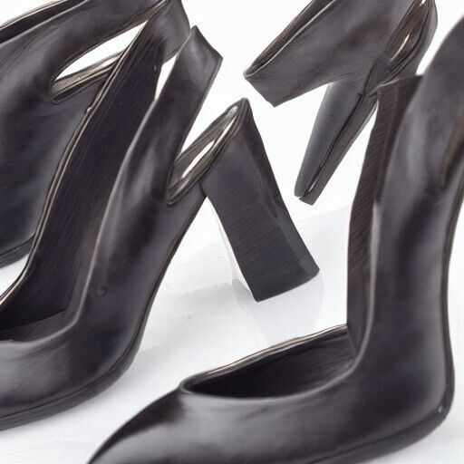 Node Black Leather Slingback Court Shoes, Block Heel UK 7 US 9 EU 40 Timeless Fashions