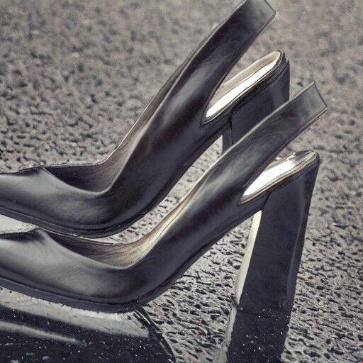 Node Black Leather Slingback Court Shoes, Block Heel UK 7 US 9 EU 40 - Timelessfashions