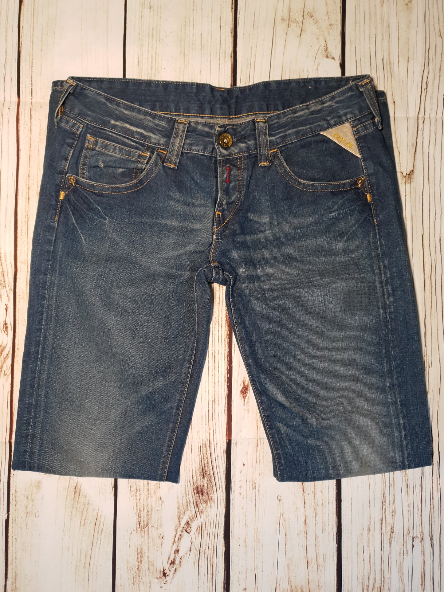 REPLAY Ladies Blue Jeans Gem Pockets Button Fly Low Rise W30" L34" Timeless Fashions