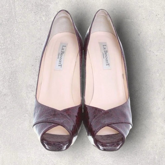 L.K. Bennett Snakeskin Burgundy Leather Peep Toe Court Shoes UK 7 US 9.5 EU 41 - Timelessfashions