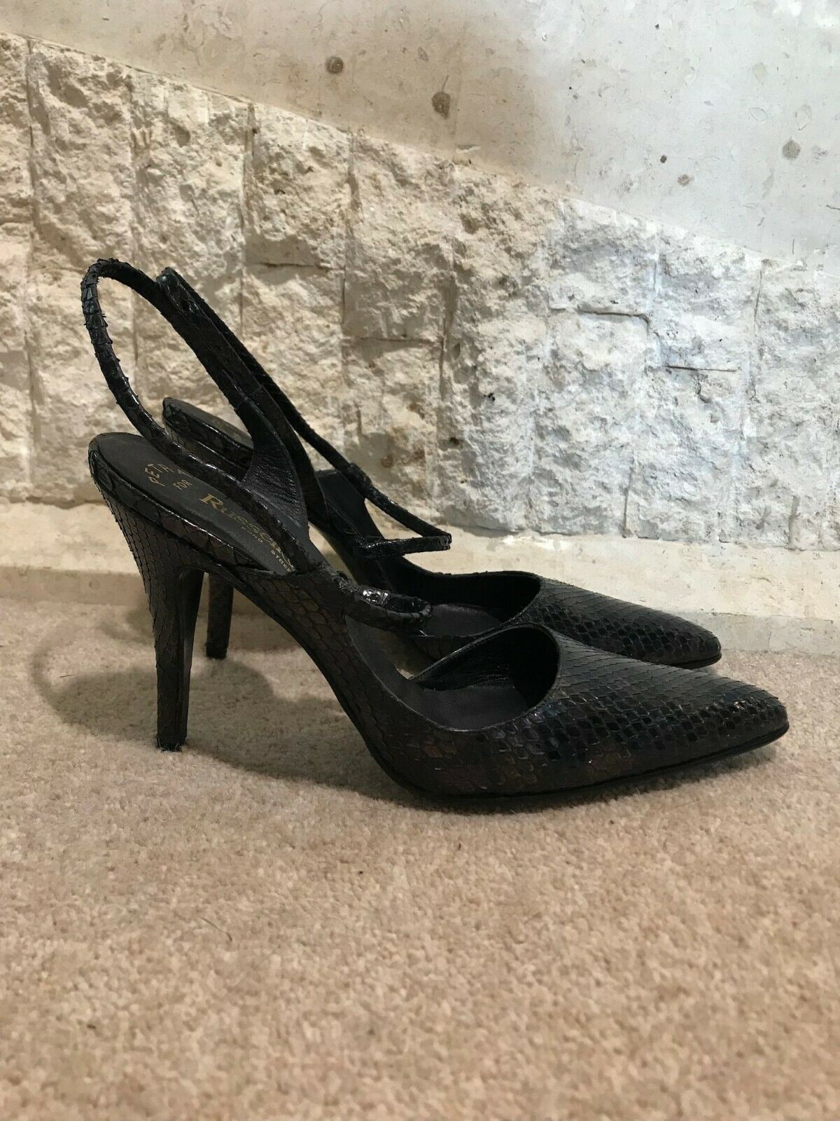 Russell & Bromley Women's Petrol Black Leather Slingback Shoes UK 4 New in original box Timeless Fashions
