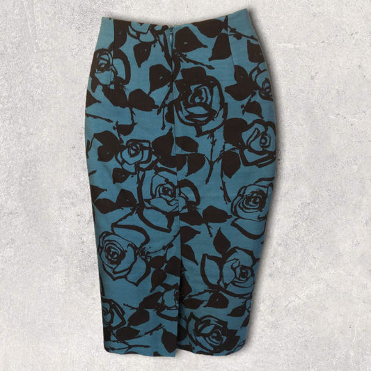 L.K. Bennett Teal & Black Floral Print Wool & Silk Skirt UK 8 US 4 EU 36 Timeless Fashions