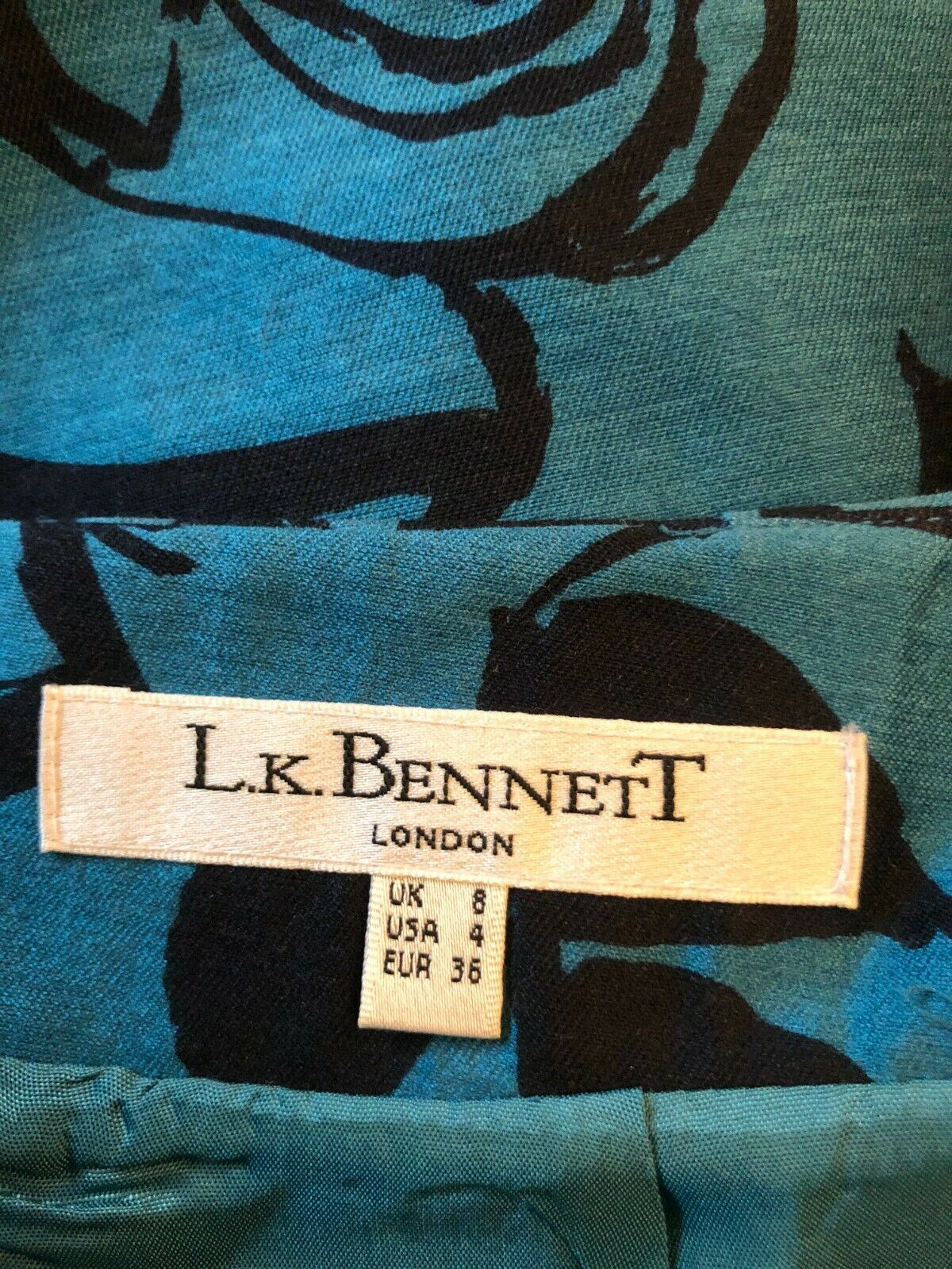 L.K. Bennett Teal & Black Floral Print Wool & Silk Skirt UK 8 US 4 EU 36 Timeless Fashions