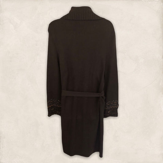 Betty Barclay Long Brown Rabbit Fur Trim Belted Cardigan UK 12 US 8 EU 40 Timeless Fashions