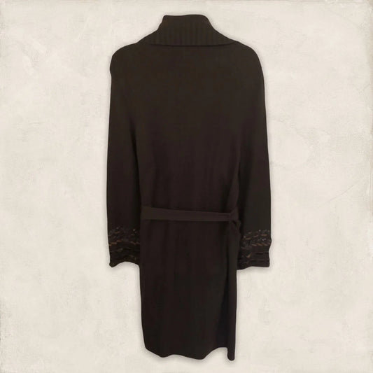 Betty Barclay Long Brown Rabbit Fur Trim Belted Cardigan UK 12 US 8 EU 40 - Timelessfashions