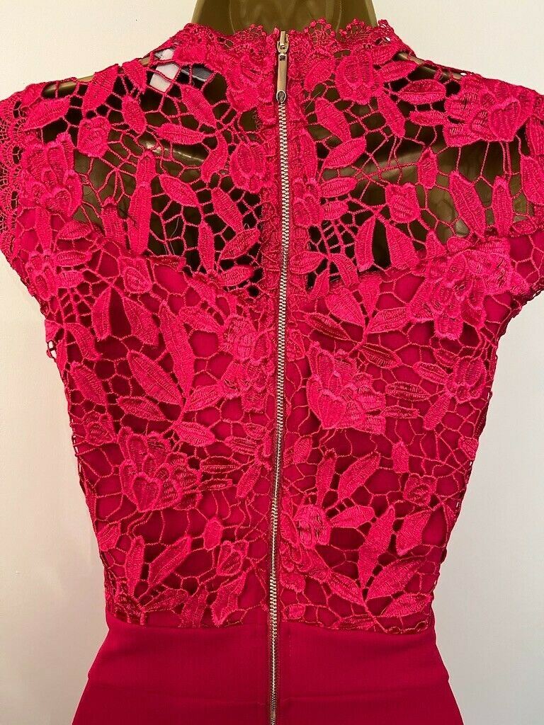 Coast Cerise Pink Crepe, Lace Bodice Pencil Dress UK 10 US 6 EU 38 Timeless Fashions