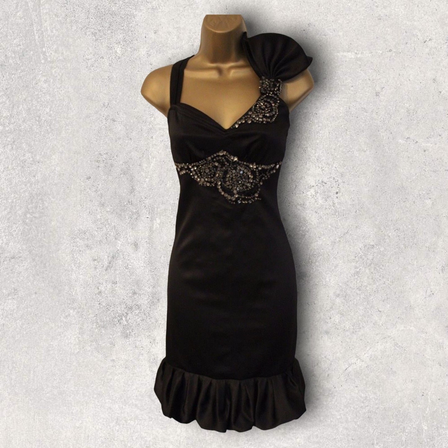 Karen Millen Black Satin Diamanté Bow Dress UK 12 US 8 EU 40 Timeless Fashions