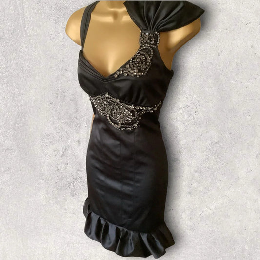 Karen Millen Black Satin Diamanté Bow Dress UK 12 US 8 EU 40 - Timelessfashions