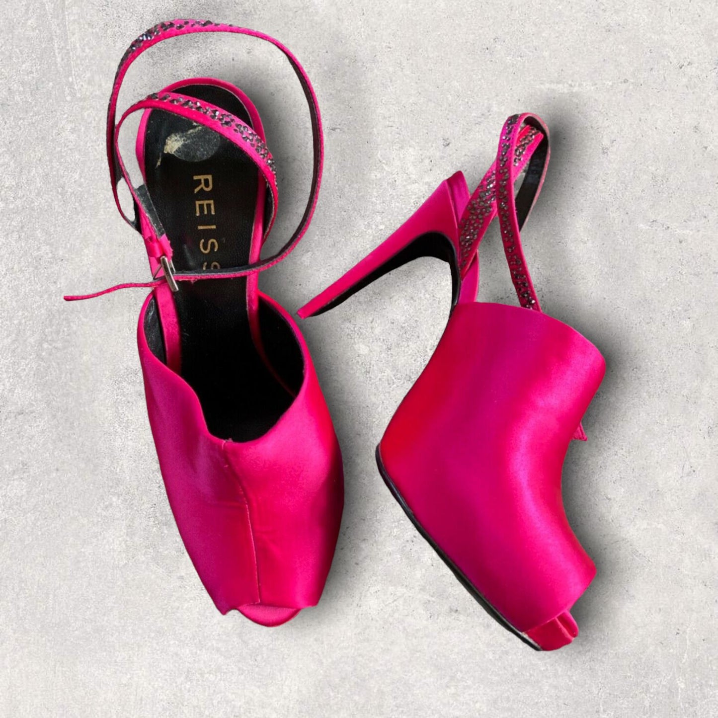 Reiss Ladies Fuschia Pink Satin Stiletto Crystal Peep Toe Shoes UK 6 Timeless Fashions