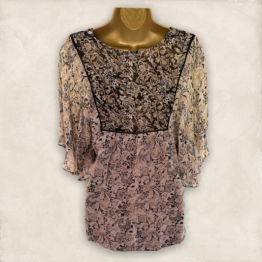 Zara Black & Cream Sheer Chiffon Floral Top Size M UK 12 US 8 EU 40 Timeless Fashions