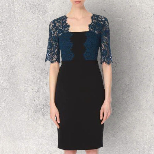 L.K. BENNETT Hou Black, Teal Lace Pencil Dress UK 12 US 8 EU 40 Timeless Fashions