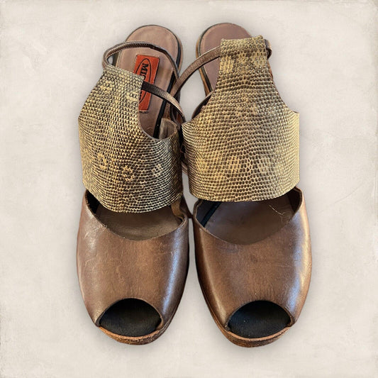 Missoni Womens Brown Leather & Gold Snakeskin Block Heel Sandals UK 7 US 9 EU 40 Timeless Fashions