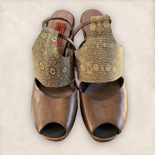 Missoni Womens Brown Leather & Gold Snakeskin Block Heel Sandals UK 7 US 9 EU 40 - Timelessfashions