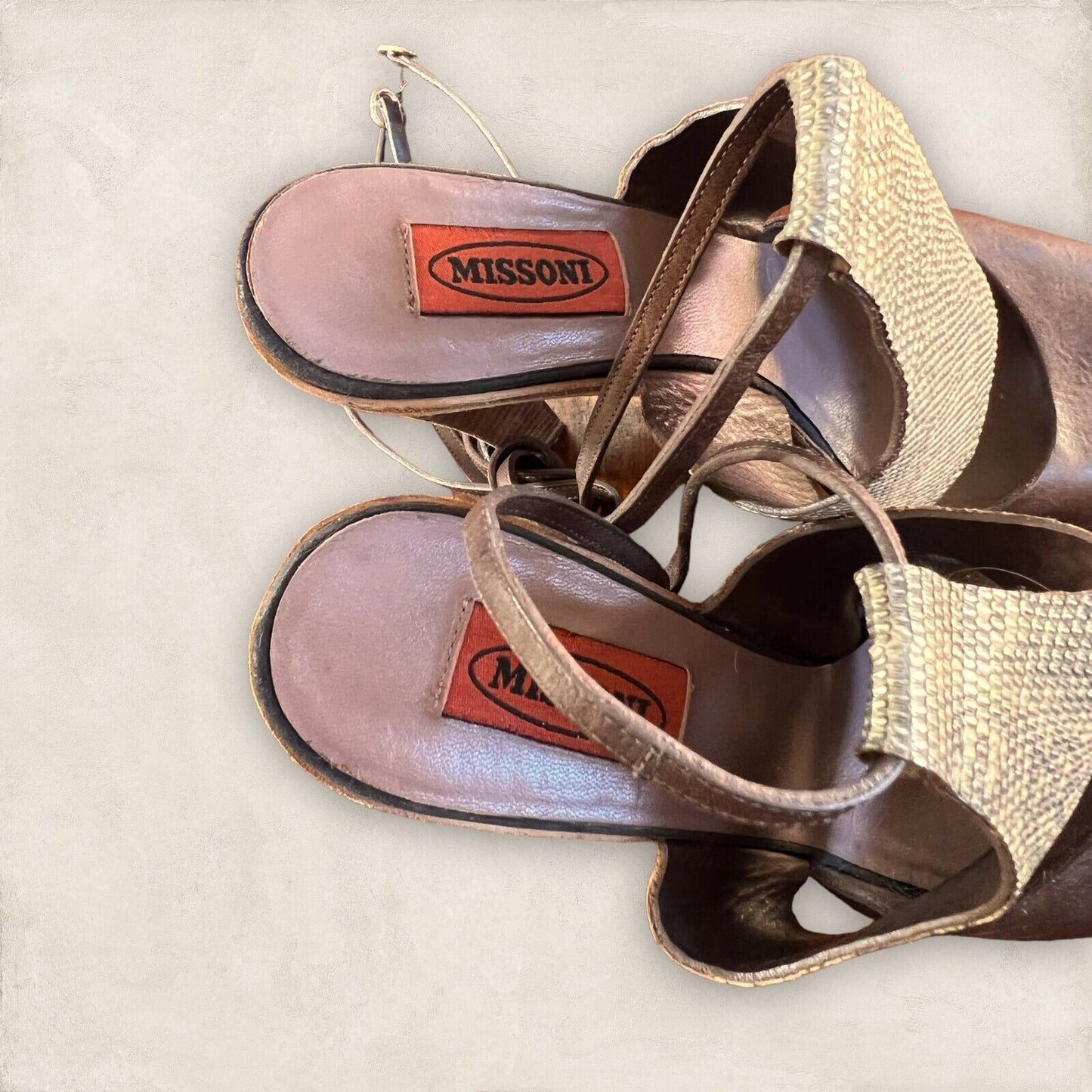 Missoni Womens Brown Leather & Gold Snakeskin Block Heel Sandals UK 7 US 9 EU 40 Timeless Fashions