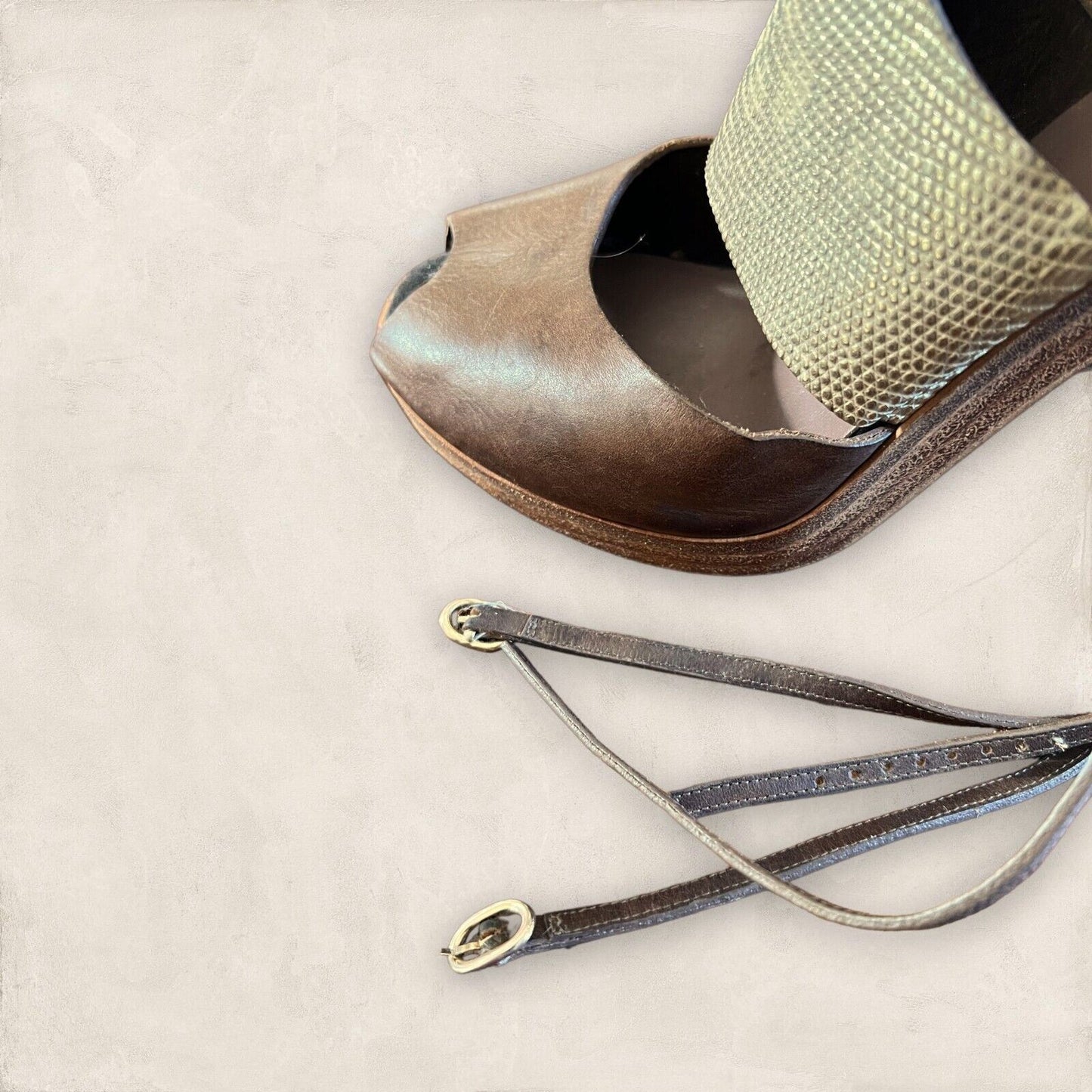 Missoni Womens Brown Leather & Gold Snakeskin Block Heel Sandals UK 7 US 9 EU 40 Timeless Fashions