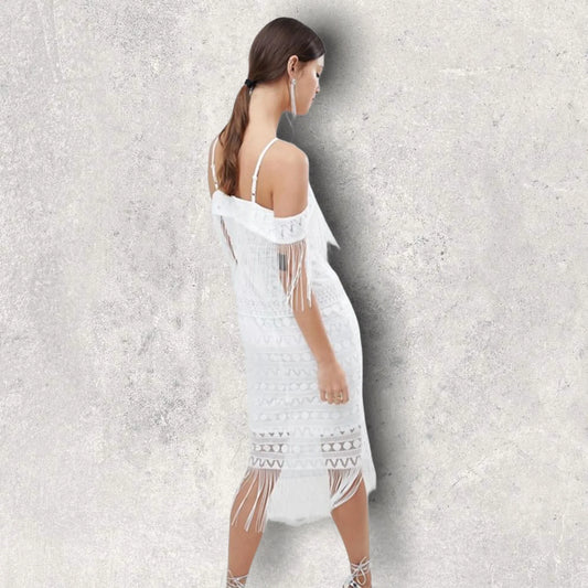 C By Cubic White Off The Shoulder Tassel Summer Dress UK 10 US 6 EU 38 - Timelessfashions