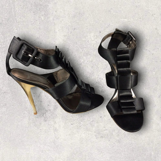 Carvela Black Satin Ruffle Peep-toe Gold Stiletto Shoes UK 7 - Timelessfashions