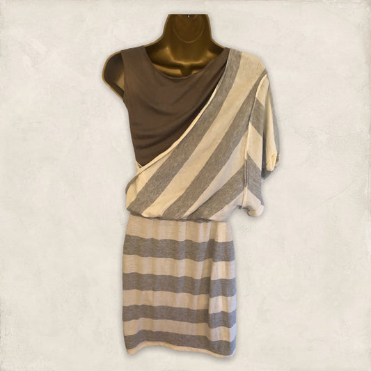 Yigal Azrouël Ivory & Grey Stripe Cotton & Wool Dress UK 8 US 4 EU 36 - Timelessfashions