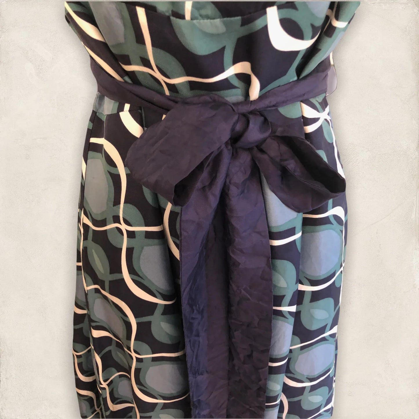 Monsoon Green Navy Patterned Tie Belt V Back/Front Midi Dress UK 10 US 6 EU 38 - Timelessfashions
