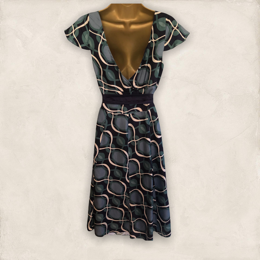 Monsoon Green Navy Patterned Tie Belt V Back/Front Midi Dress UK 10 US 6 EU 38 Timeless Fashions