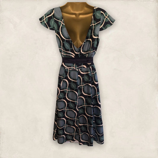 Monsoon Green Navy Patterned Tie Belt V Back/Front Midi Dress UK 10 US 6 EU 38 - Timelessfashions