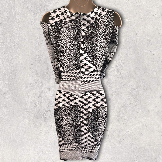 Joseph Ribkoff Black & White Cold Shoulder Dress UK 10 US 6 EU 38 Timeless Fashions