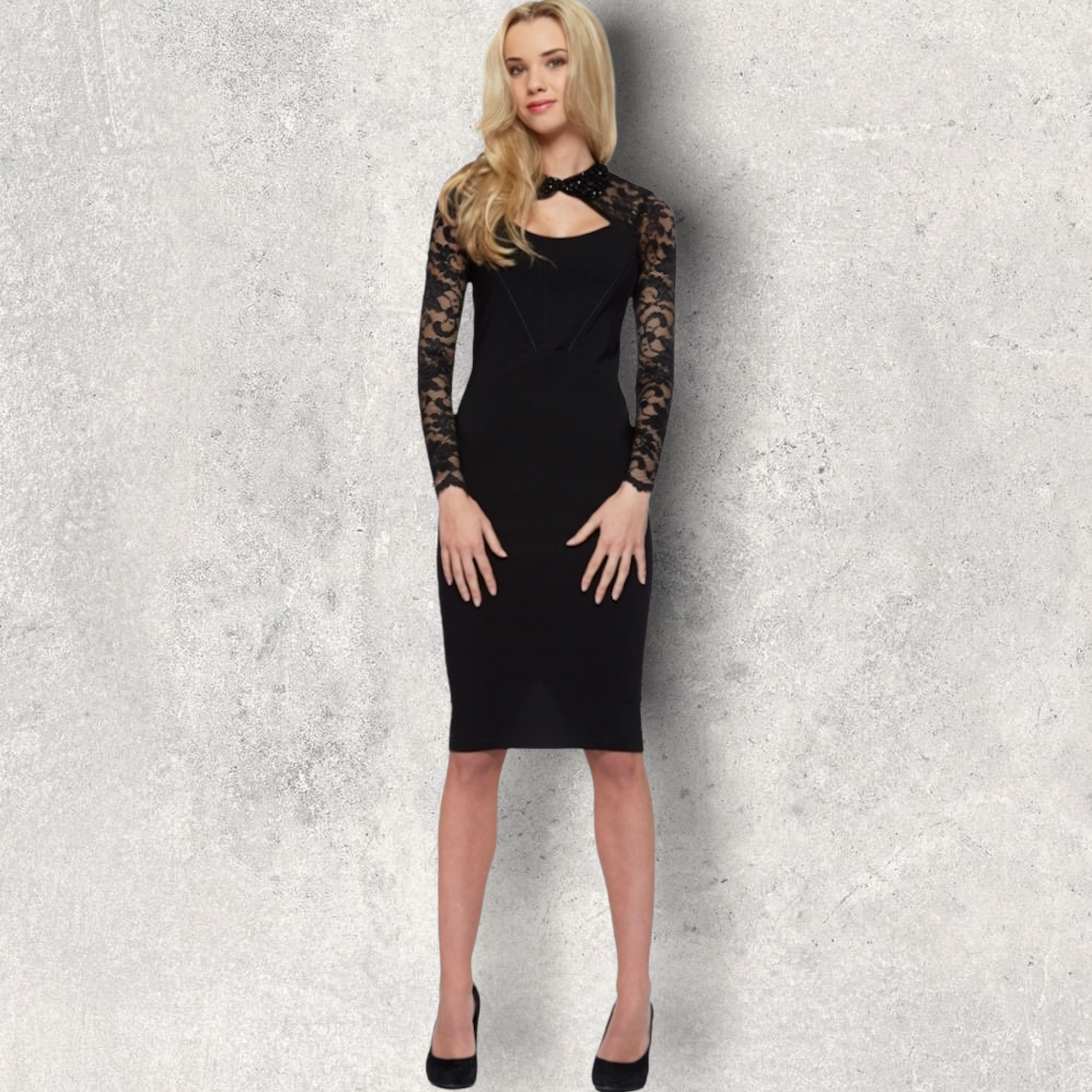 Tempest Dolly Black Pencil Dress With Lace Sleeves UK 8 US 4 EU 36 Timeless Fashions