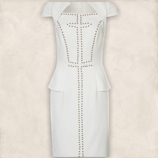 Bourne Ivory Studded Peplum Dress UK 10 US 6 EU 38 Timeless Fashions