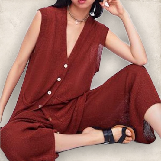 ZARA Rust Knit Linen Mix Wide Leg Culottes & Long Waistcoat M UK 12 US 8 EU 40 Timeless Fashions
