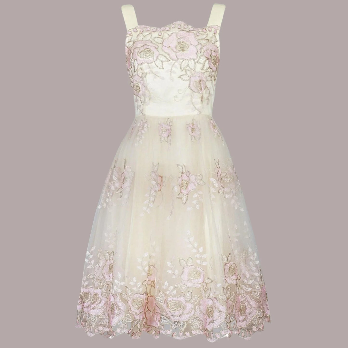 Jolie Moi Cream Pink Gold Tulle Floral Dress UK 8 US 4 EU 36 - Timelessfashions